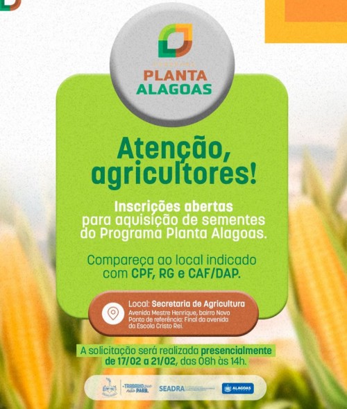 [Agricultores delmirenses já podem fazer o pedido de sementes do programa Planta Alagoas]