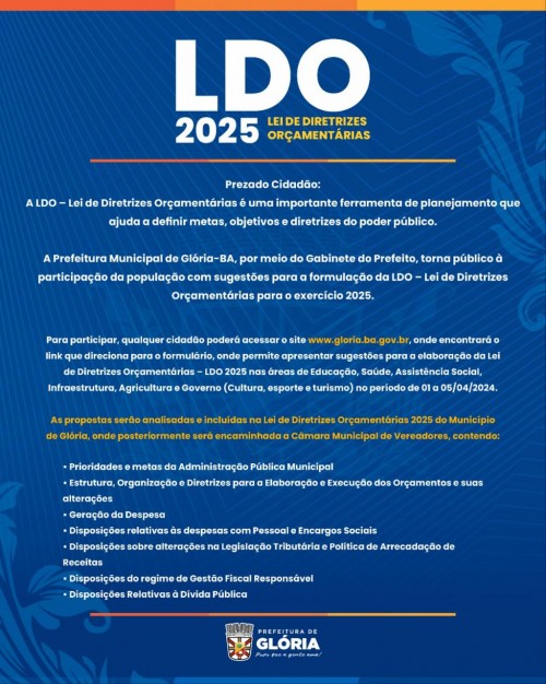 [Bahia: Qualquer cidadão da cidade de Glória, pode enviar sugestões para a LDO 2025]