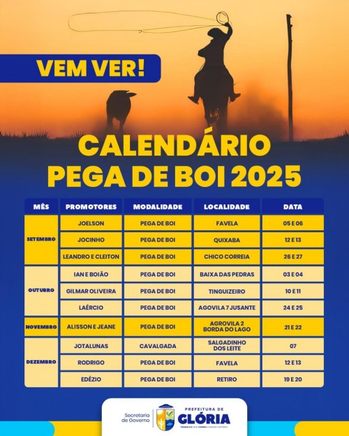 [Calendário de Pegas de Boi 2025 é divulgado pela Prefeitura de Glória]