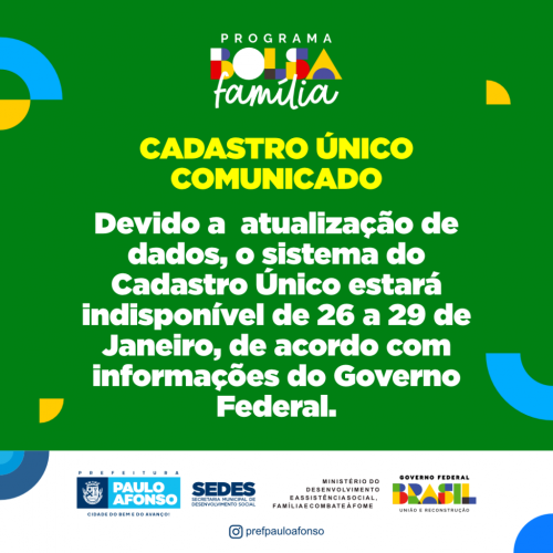 [Governo Federal informa que sistema do Cadastro Único estará indisponível de 26 a 29 de janeiro para atualização de dados]